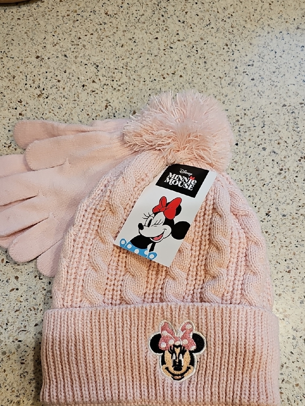 Disney Minnie Mouse Pink Knit Pom Pom Hat for Kids With Gloves.